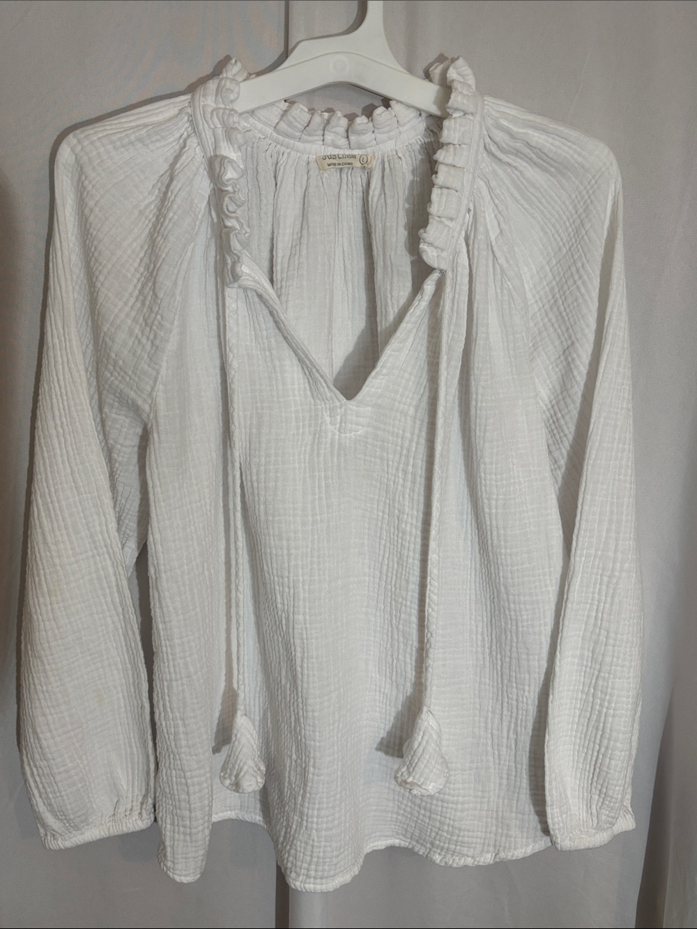 Just Living White Gauze Peasant Blouse with Tassel Ties